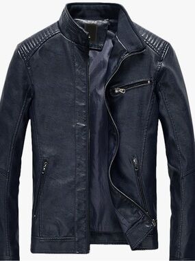Youhan Men's Casual Zip Up Slim Bomber Faux Leather Jacket X-Large Black/blue